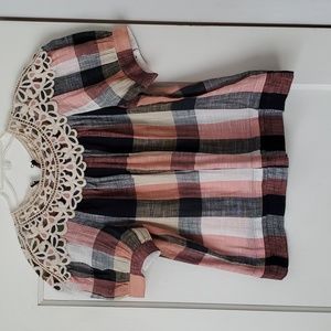 Anthropologie Plaid Crochet Lace Top 100% Cotton M